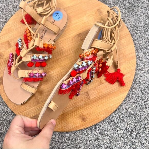 Sz 7.5 Barbara Barbieri Leather Lace Up Tassel Studded Pom Pom Strappy Sandals - Picture 13 of 13